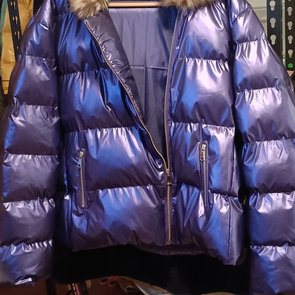 Shiny Purple Puffer Jacket with Fur Hood - Picture 2 of 8